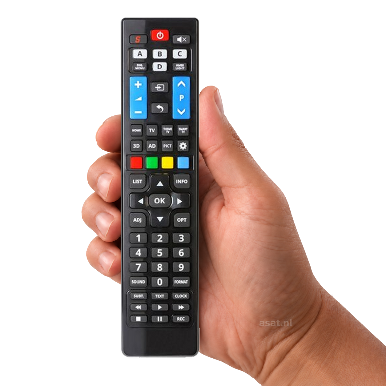 Universeel afstandsbediening voor alle Philips Tvs – originele afstandsbediening in de hand, witte achtergrond, asat.nl