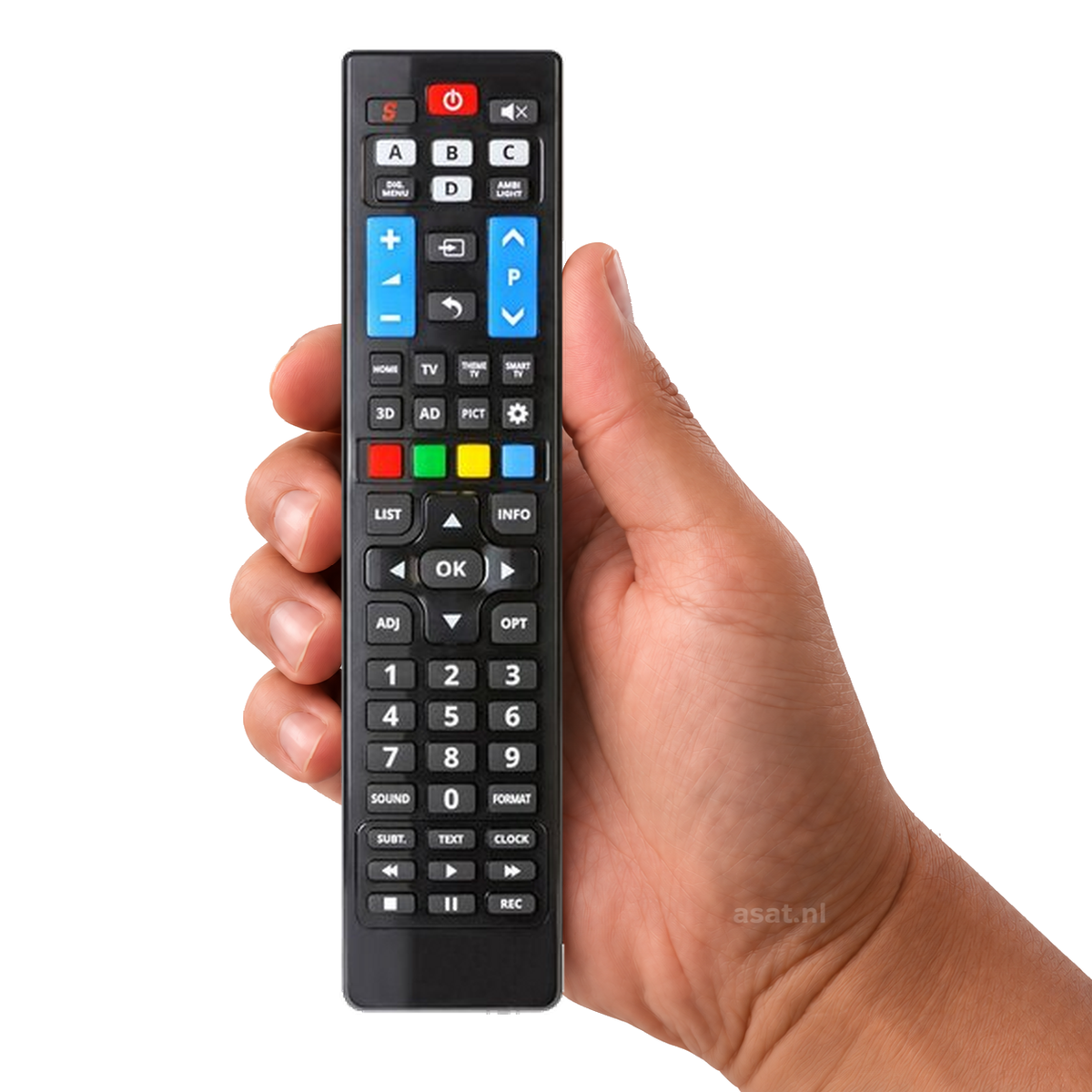 Universeel afstandsbediening voor alle Philips Tvs – originele afstandsbediening in de hand, witte achtergrond, asat.nl