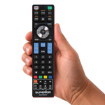 Universeel afstandsbediening voor alle Sony Smart Tvs – originele afstandsbediening in de hand, witte achtergrond, asat.nl