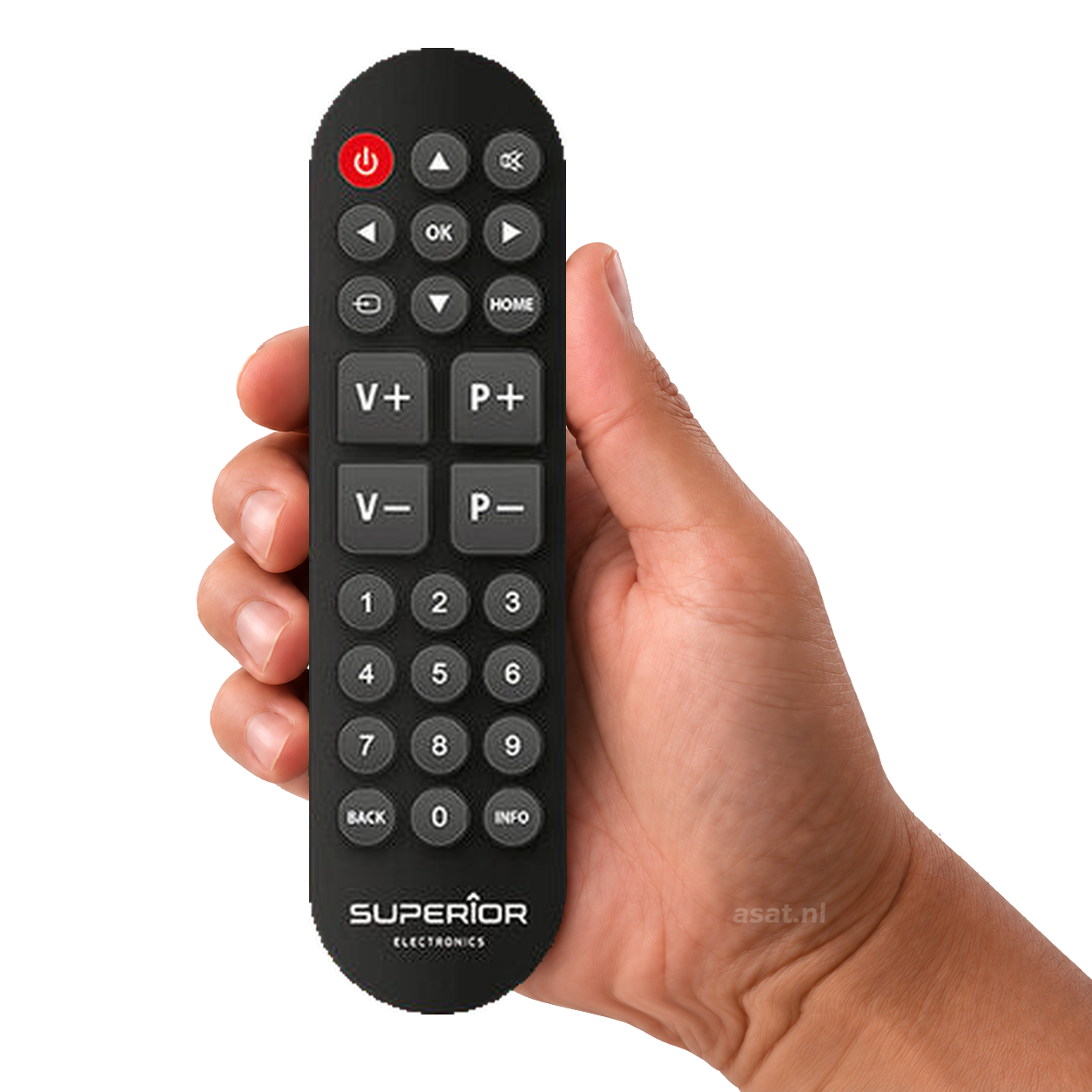 Universele afstandsbediening Ready5 voor TV LG Samsung Sony Panasonic en Philips – originele afstandsbediening in de hand, witte achtergrond, asat.nl