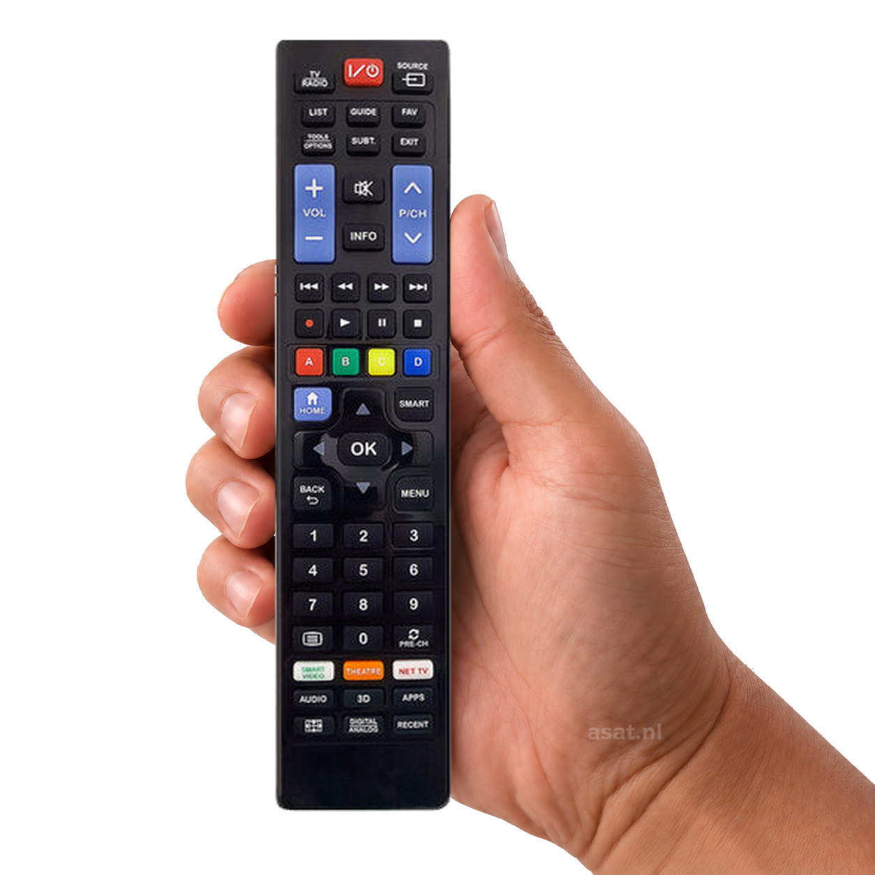 Universele afstandsbediening voor TV LG Samsung Sony Panasonic en Philips – originele afstandsbediening in de hand, witte achtergrond, asat.nl