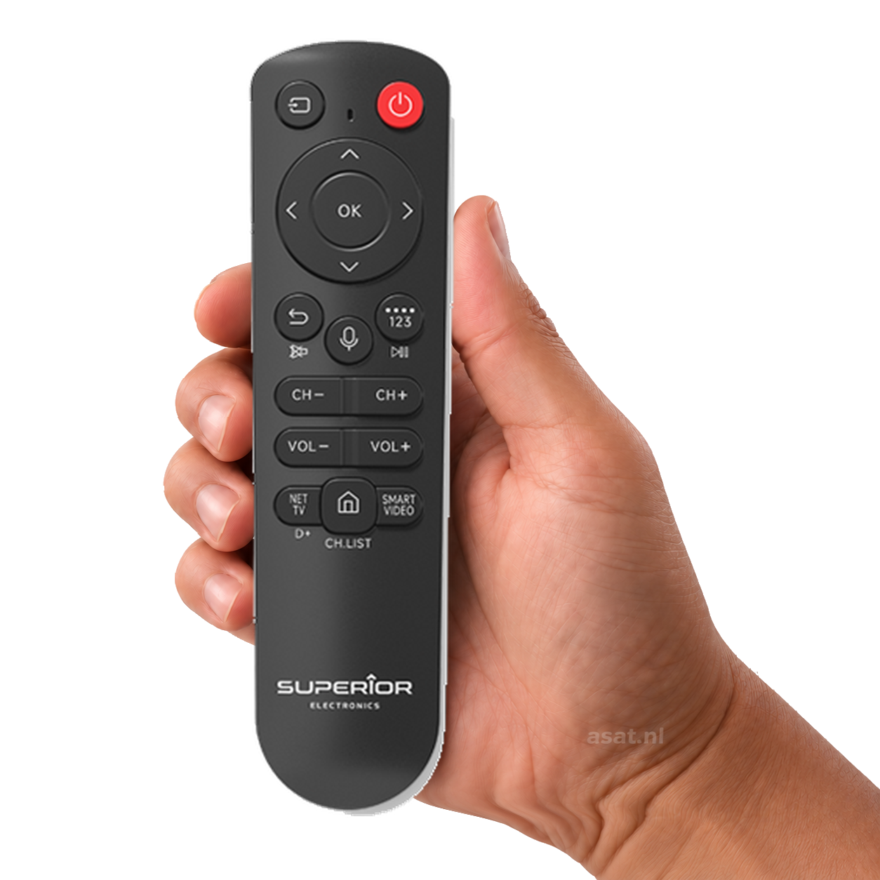 Universele Samsung Bluetooth afstandsbediening - Spraakfuncties - Compatibel met Samsung Smart TV's – originele afstandsbediening in de hand, witte achtergrond, asat.nl