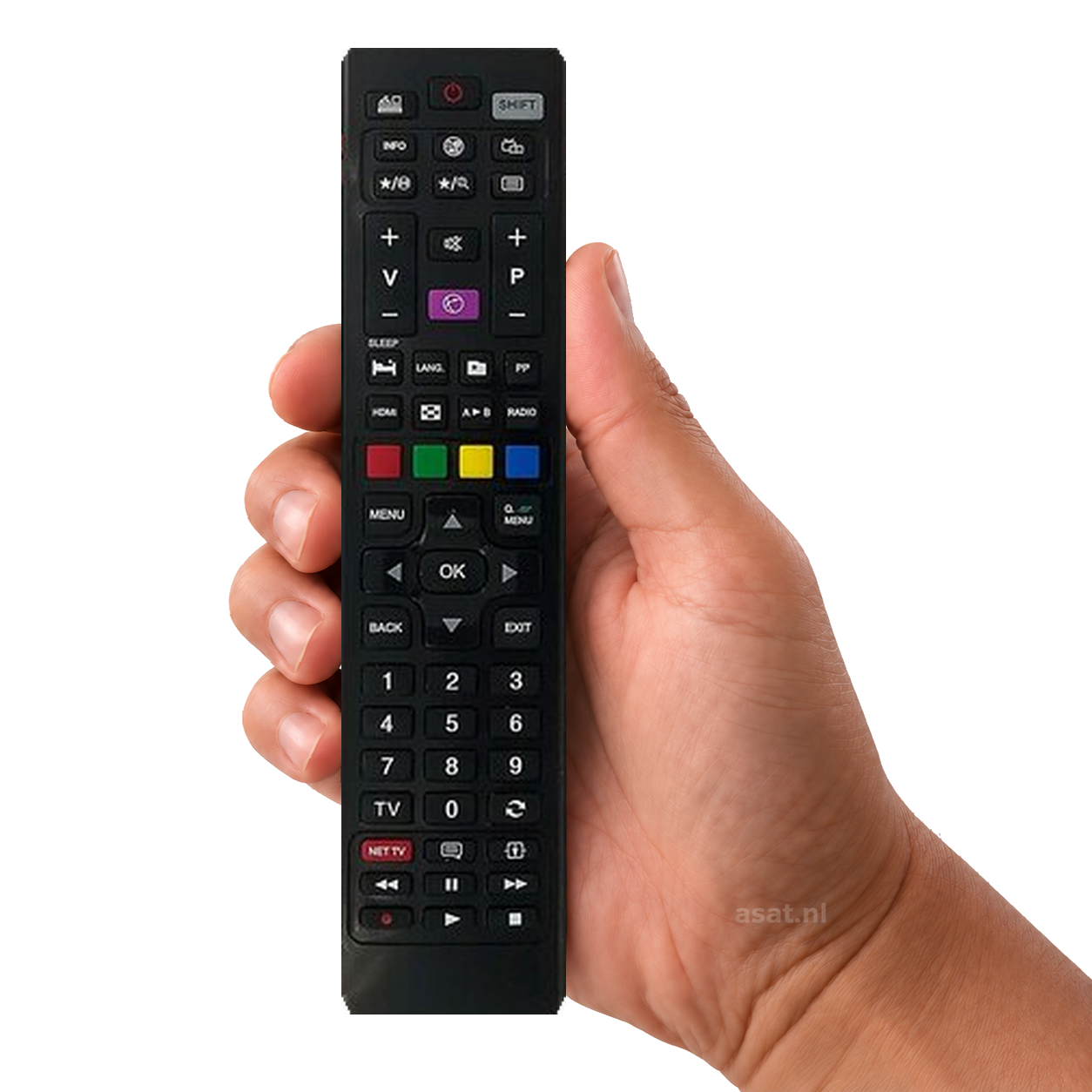 Universele vervangende afstandsbediening voor alle tv's en smart tv's van het merk Telefunken & Vestel – originele afstandsbediening in de hand, witte achtergrond, asat.nl