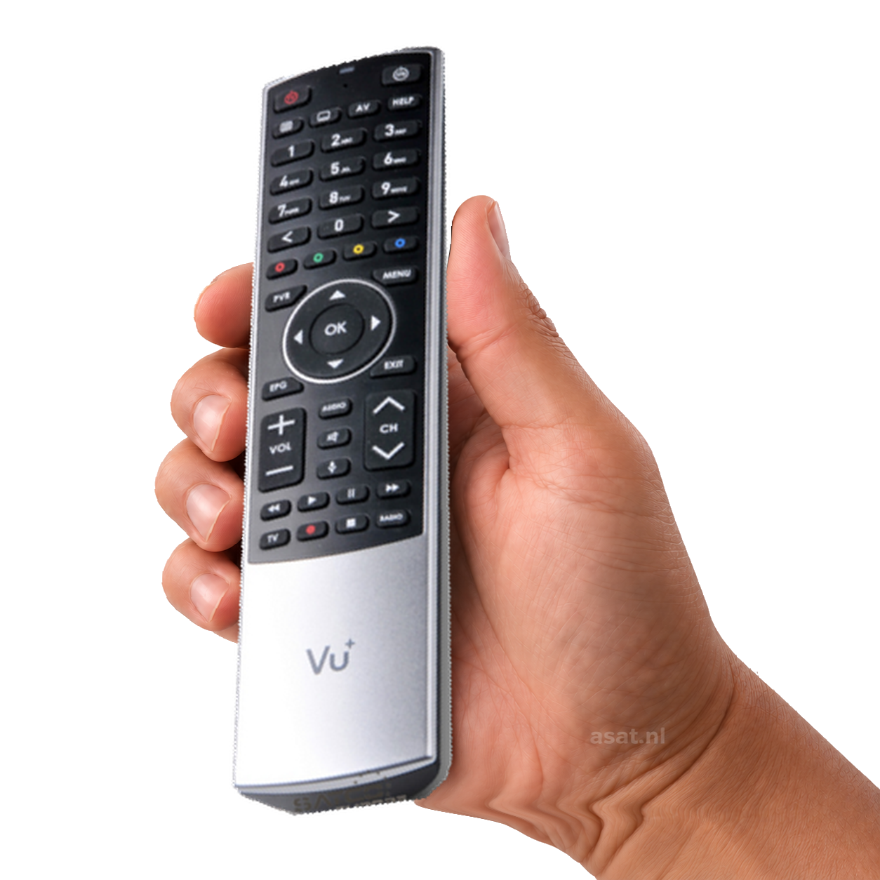 VU+ Afstandsbediening Bluetooth / IR – originele afstandsbediening in de hand, witte achtergrond, asat.nl