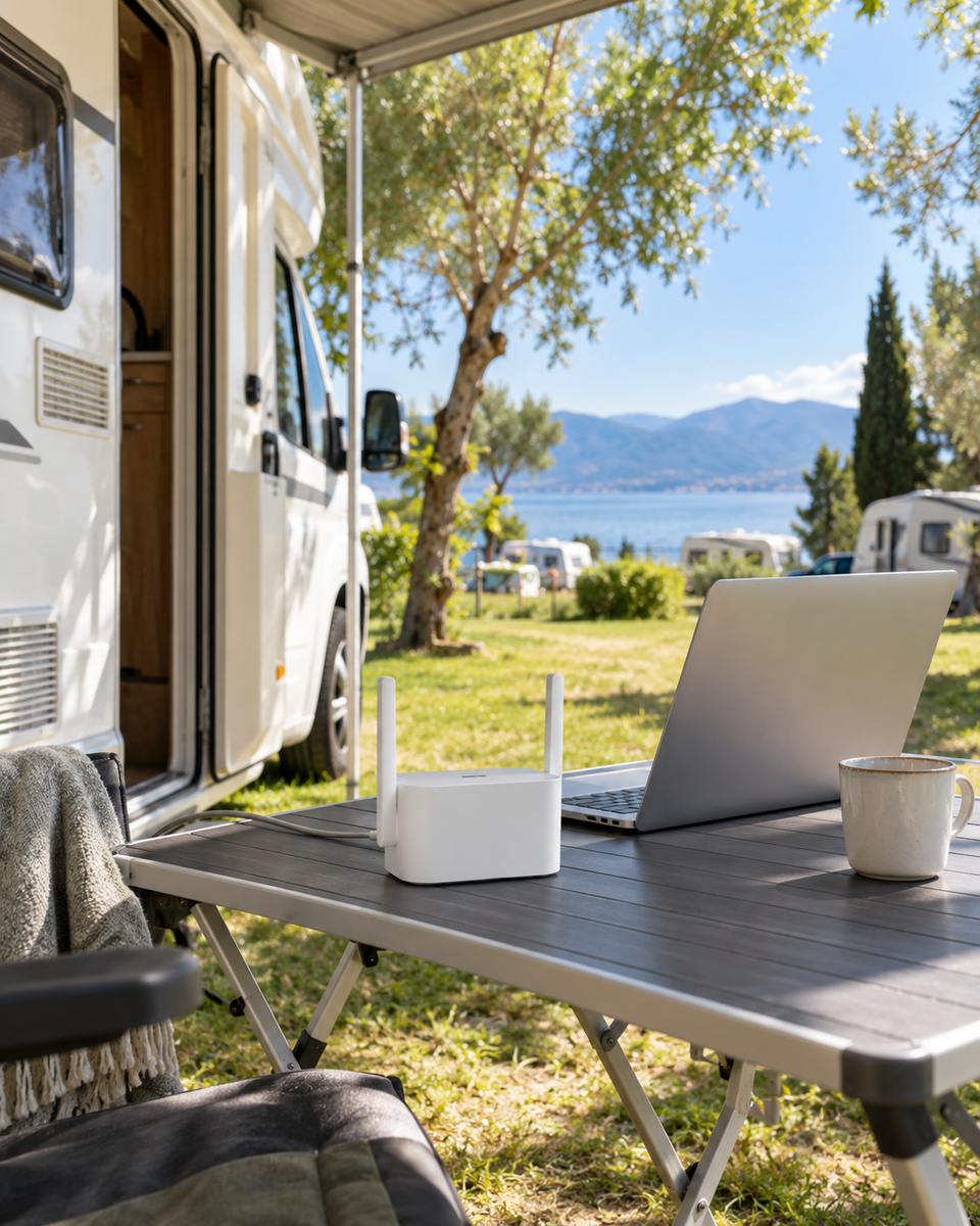 Wifi-router en laptop bij een camper op een zonnige camping