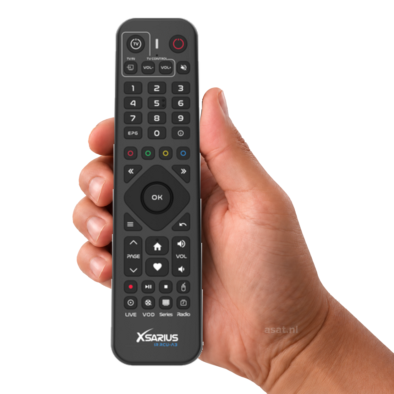 Xsarius Android afstandsbediening IR RCU-A3 voor Xsarius Pure 3 / Avant 3 / Avant 3+ / Avant 3+ Ultra – originele afstandsbediening in de hand, witte achtergrond, asat.nl