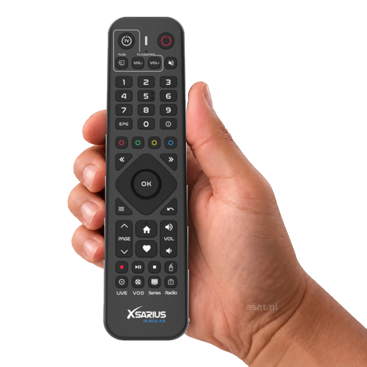 Xsarius Android afstandsbediening IR RCU-A3 voor Xsarius Pure 3 / Avant 3 / Avant 3+ / Avant 3+ Ultra – originele afstandsbediening in de hand, witte achtergrond, asat.nl