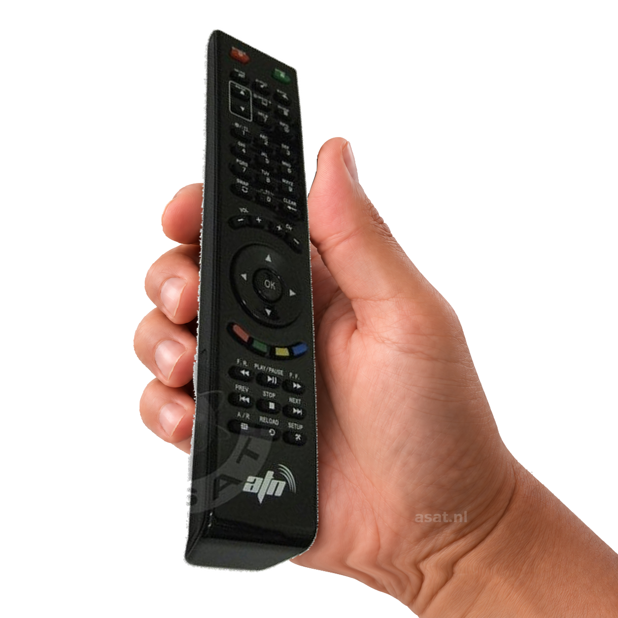 Afstandsbediening voor ANT XTV106 en XTV125 in de hand op witte achtergrond, met subtiel asat.nl-watermerk