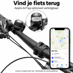 Fietsbel op het stuur met Nederlandse uitleg over Apple Zoek mijn; AirTag optioneel verkrijgbaar