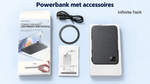 Zwarte powerbank met verpakking en accessoires