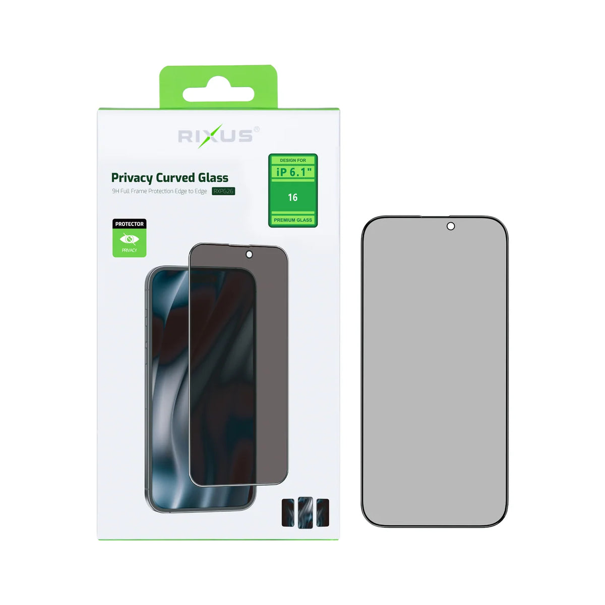 Rixus Curved Edge privacy screenprotector voor iPhone 16 - 1 stuk met verpakking